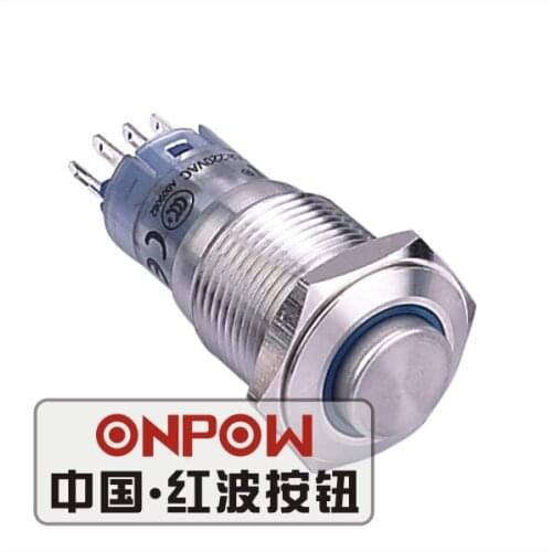 ONPOW 16mm Momentary High round 12V,24V,110V,220V Ring LED Stainless steel Push Button Switch (LAS2GQH-E/S) CE,RoHS