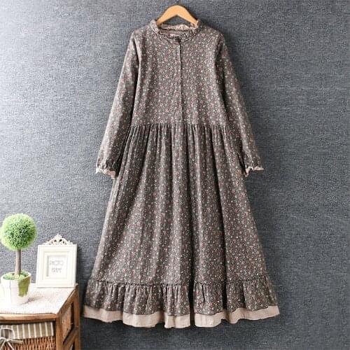 Autumn Romantic literary floral print lacing collar long sleeve dress Female