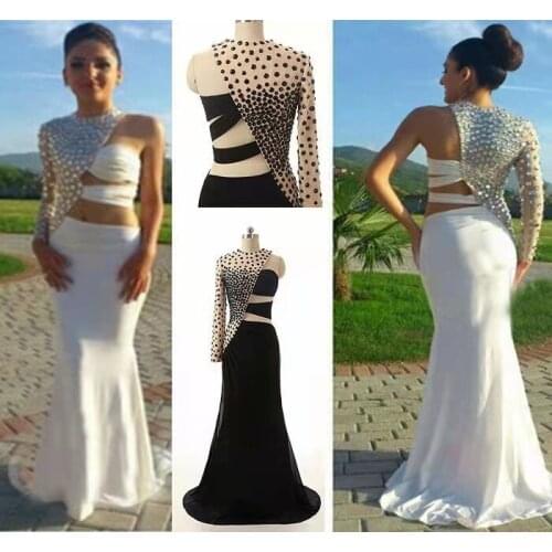 Sexy Two Pieces Style Mermaid Long Prom Dresses with Sleeve Beaded Back Robe De Soiree Floor Length Formal Party Gown for Women