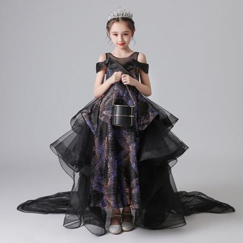 Flower Girl Dresses Illusion Sequined O-Neck Short Princess Floor-Length Tulle Lace Off The Shoulder Black Kids Party Gown H644