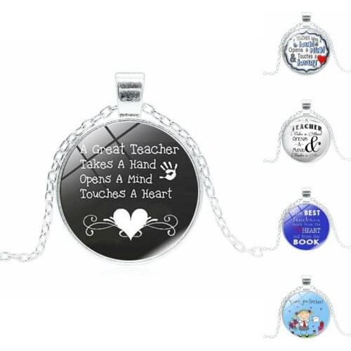 Silver Plated Jewelry with Glass Cabochon Letter of"Teacher" Pattern Choker Long Pendant Necklace for Women Party