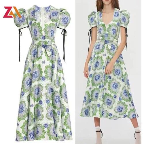 ZALady designer runway party evening midi dresses for women elegant short sleeve bow vintage floral retro beach holiday dress