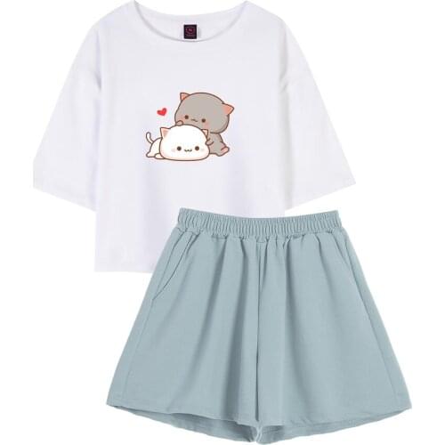 Women Cotton Short Sleeve T Shirt Kawaii Cartoon Top Summer Harajuku Two Piece Set Fashion Shorts Indoors and Outdoors Clothing
