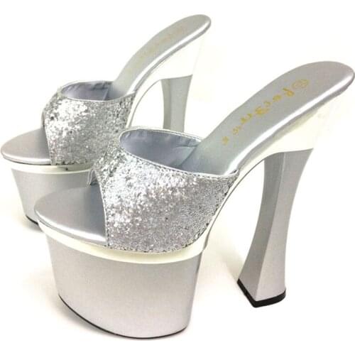 2019 Sequins Women Slippers Outdoor Slides Ladies High Heels 18Cm Transparent Heel Platforms Open Toe Nightclubs Female Shoes