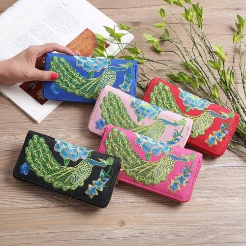 Womens Embroidery Wallet Fashion Ethnic Style Peacock Vintage Wallet Portable Zipper Clutch Female Money Bags