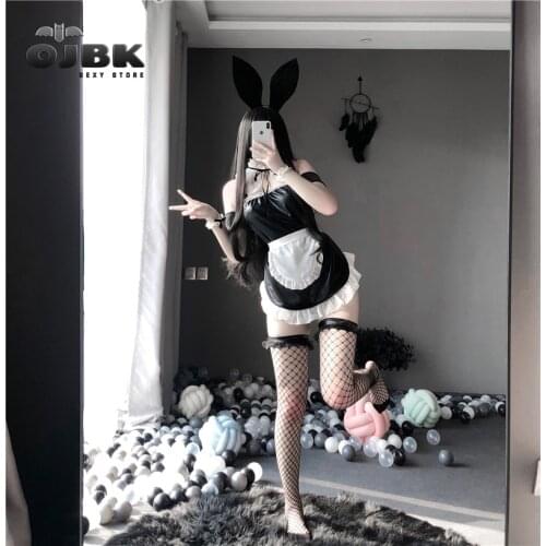 OJBK 11pcs Set French Maid Outfit Bunny Girl Sexy Cosplay Costumes Gothic Leather Lingerie for Women High Quality Roleplay Sets