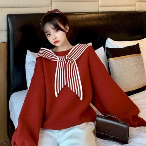 Autumn and winter new small fresh foreign style aging design feeling loose lazy wind bat Long Sleeve Sweater Top Womens bow