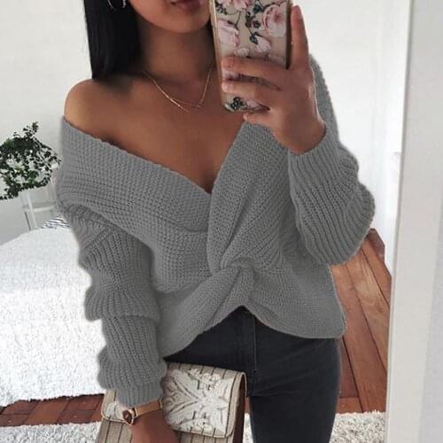 Ele-Choices Women Knot Criss-cross V Neck Long Sleeve Jumper Loose Knitted Sweater Pullover