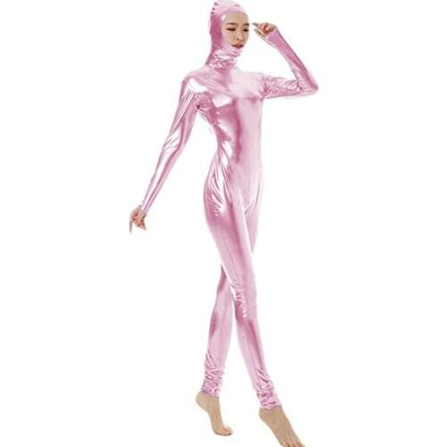 Women Bodysuits Metallic Tights Faux Leather Zentai Suit With Hooded Plus Size Halloween Cosplay Costumes pink latex bodysuit