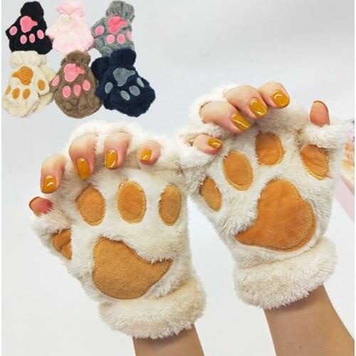 Winter Cute Cat Paw Animal Warm Gloves For Girls Women Adult Fashion Half Finger Cartoon Costume