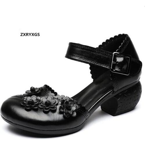2020 Round Toe Cowhide Flowers Summer Shoes Women Fashion Sandals Side Air High Heel Sandals Elegant Comfortable Women Sandals