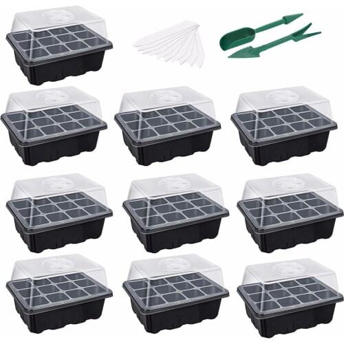40# 10-Pack Seed Starter Trays Nursery Pots Seedling Tray Humidity Adjustable Switch Garden Decor Accessories 12 Cells Per Tray