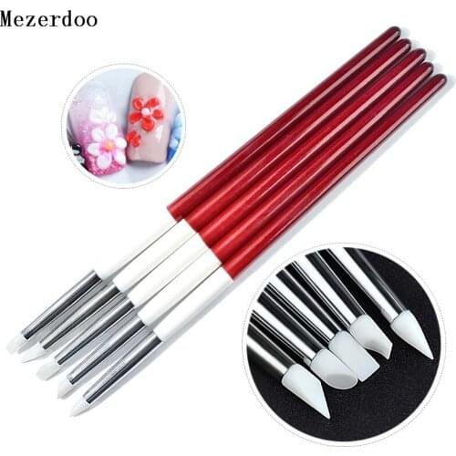 5 Pc Silicone Head Sculpture Carving Nail Brush Red White Wood Handle Nail Drawing Painting Pen 3D Effect Manicure Nail Art Tool