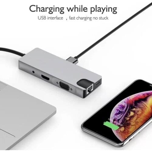 9-in-1 Type-C hub multi-function docking station. Supports HDMI + VGA simultaneous display 1080P, docking station laptop USB 3.0