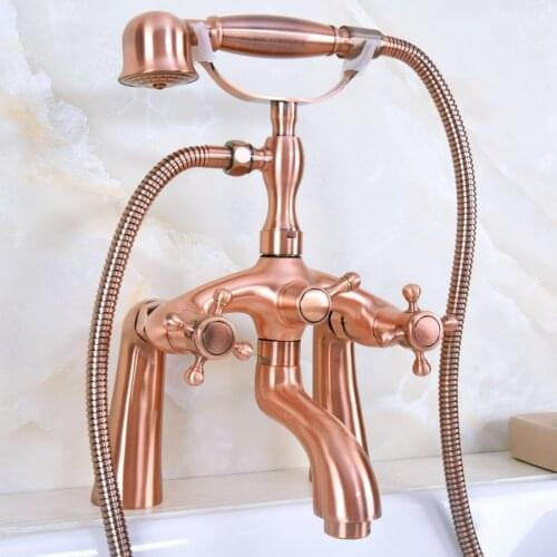 Antique Red Copper Deck Mounted Dual Handles Bathtub Faucets with Hand Shower Telephone Type Bath Shower Faucet Lna153