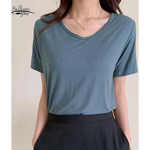 2020 Summer Cotton Short Sleeve Blouse Women Plus Size Loose Ladies Tops Casual Solid V Neck Pullover Shirts for Women 9262 50
