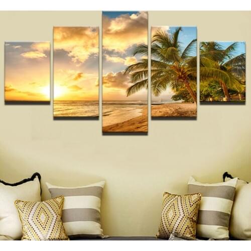 Large Canvas Painting For Bedroom Living Room Home Wall Art Decor 5 Pcs Palm Trees Landscape Printed Modular Picture YGYT