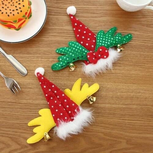 Xmas Ornament Glitter Sequin Santa Hat Antler Plush Design Silverware Pockets Christmas Knife Fork Bag LX8215