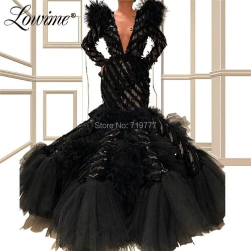 Black Mermaid Evening Gown V Neck Feather Muslim Party Dress Abendkleider 2019 Formal Dress Arabic Evening Dress Vestidos
