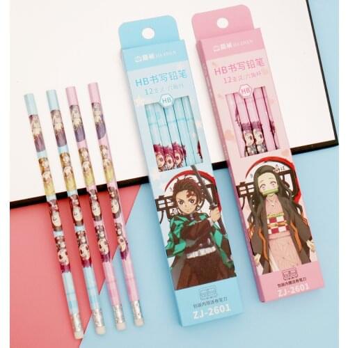 12pcs/set Anime Demon Slayer Kimetsu No Yaiba HB Pencils Kamado Tanjirou Nezuko Cartoon Hexagon Pencils Students Stationery Gift