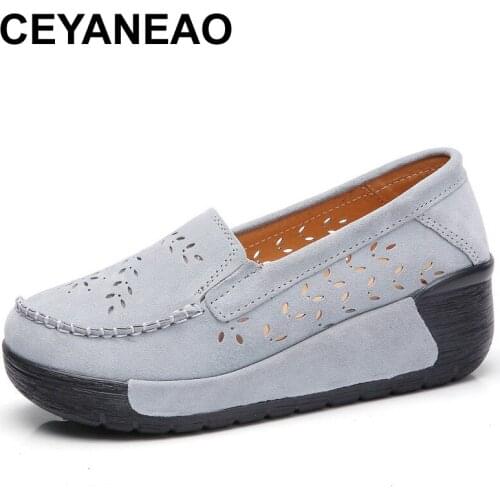 CEYANEAOPlatform sneakers without lace-up suede leather platform shoes women breathable shoes hollow out walking shoes moccasins