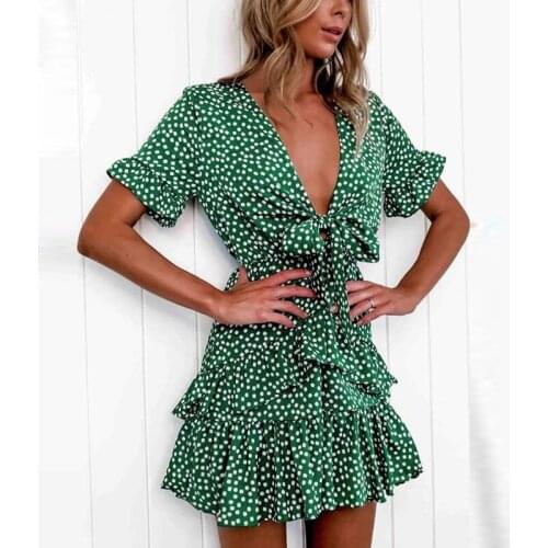 Summer 2021 Fashion Womens Dress Boho Floral Ruffle Short Mini Dress Knot Sexy V-neck Party Holiday Dresses Femme Vestido Mujer