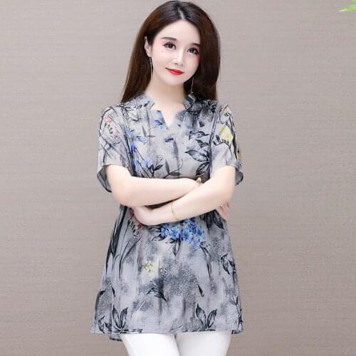 Summer Style Women Chiffon Gray Loose Blouses Shirts Fashion V-Ncek Print Casual Tops BlusasMM0202