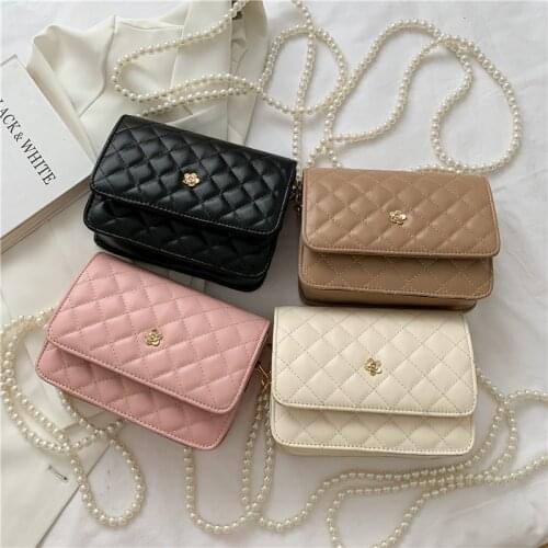 Summer Womens Bag Small Fragrance Style Korean Version of Lingge Simulated Pearl Chain Small Casual Bag Shoulder Messenger Bags