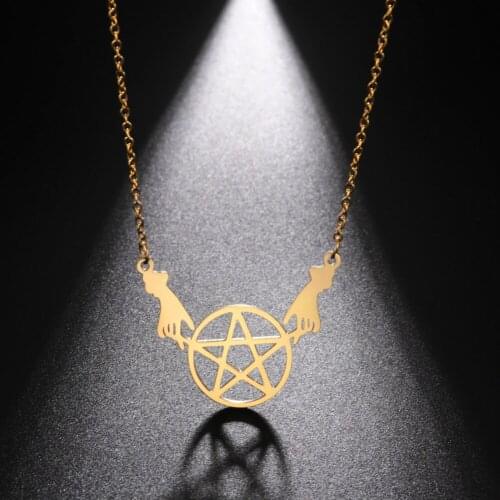 Skyrim Stainless Steel Witchcraft Pentagram Hands Womens Necklace Geometric Star Gold Color Chain Necklaces Jewelry 2021 Trend