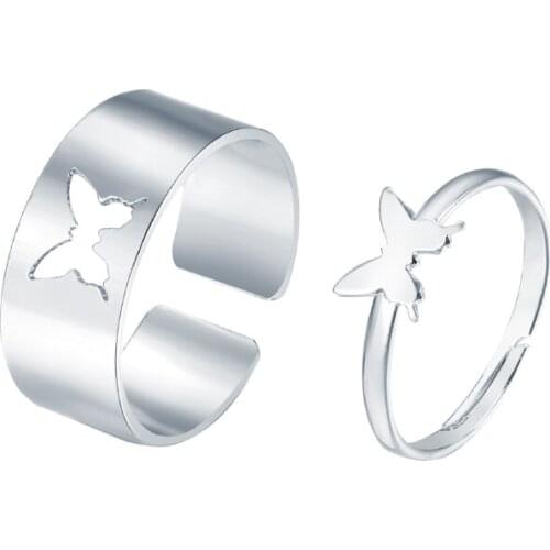 New 2pcs Punk Butterfly Rings For Women Men Lover Couple Rings Silver Color Creative Metal Adjustable Ring Sets Girl Jewelry