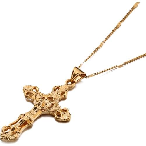 24K Gold Color Catholic Cross Jesus Christ Cross Pendant Necklace Jewelry