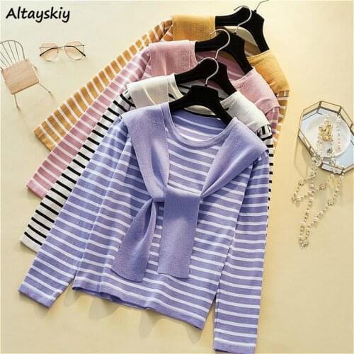 Striped Sweaters Women Fashion Fake Two-piece Design Chic Ulzzang Lovely Femme Knitwear Fall Purple Slim Simple Ladies Sweater