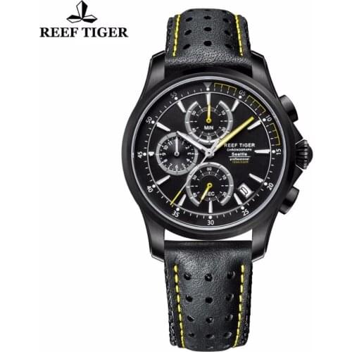 Reef Tiger/RT Men Sport Quartz Watches Black Steel Case Date Super Luminous Chronograph Stop Watch relogio masculino