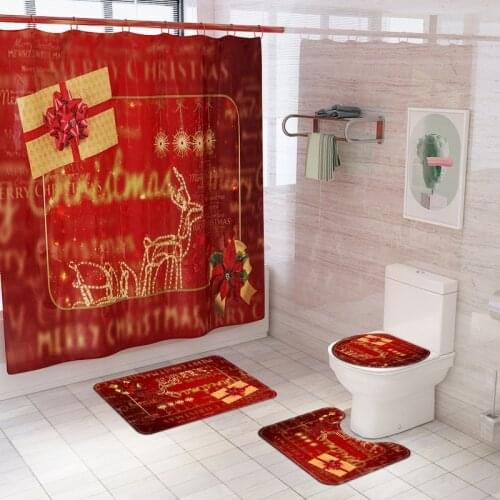 Merry Christmas Shower Curtains Elk Gift Bathroom Curtain Anti Slip Toilet Mat Rug Carpet Bath Products Home Decor with Hooks
