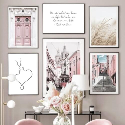 Pink Tram Street Door Almost Kiss Reed Quotes Nordic Poster Wall Art Print Canvas Painting Decoration Pictures For Living Room