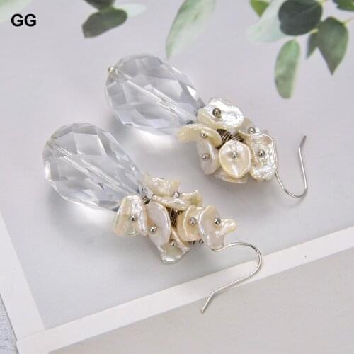 GuaiGuai Jewelry Natural White Keshi Pearl Crystal Clear Quartz Earrings 925 Silver Hook For Women