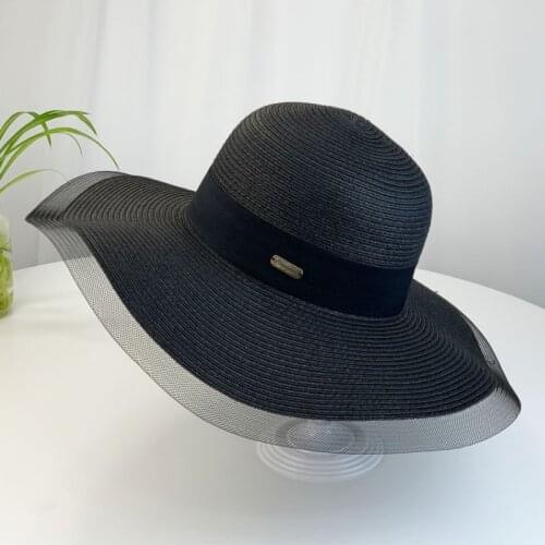 Hot Sale Fashion Hepburn Wind Black White Striped Bowknot Summer Sun Hat Beautiful Women Straw Beach Hat Large Brimmed Hat