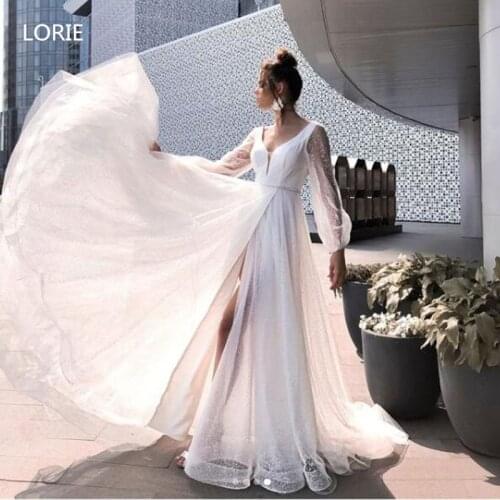 LORIE A-line Beach Wedding Dress Puff Sleeve Shiny Glitter Tulle Boho Bridal Dress Side Split Princess Wedding Gowns Plus Size