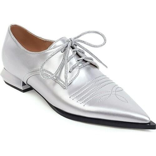 Large Size 50 Pointed Toe Oxford Shoes For Women Patent Leather Shoes Office Women Flat Lace Up Casual Shoes