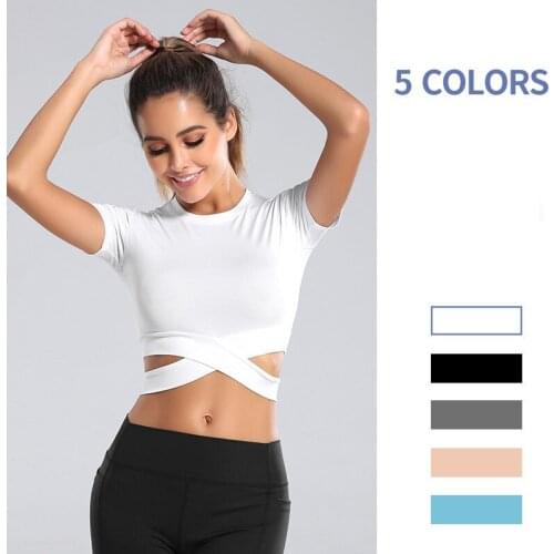 Womens Sports Slim Cross T-shirt Quick-drying Sports Fitness Tops Navel-Breaking Yoga Clothes Running Sports Short Sleeve