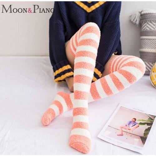 Womens Over The Knees Socks Cute Interesting Stripes Thicker Warm Long Legs Stocking Home Sleep Fashion Comfortable Soft Sock