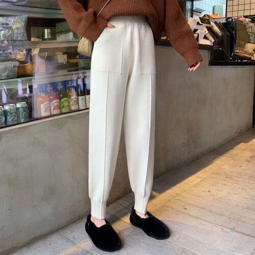 Women 2021 Autumn Winter New Loose Elastic Waist Trousers Female Knitted Harem Pants Ladies Sport Sweater Carrot Pants E698