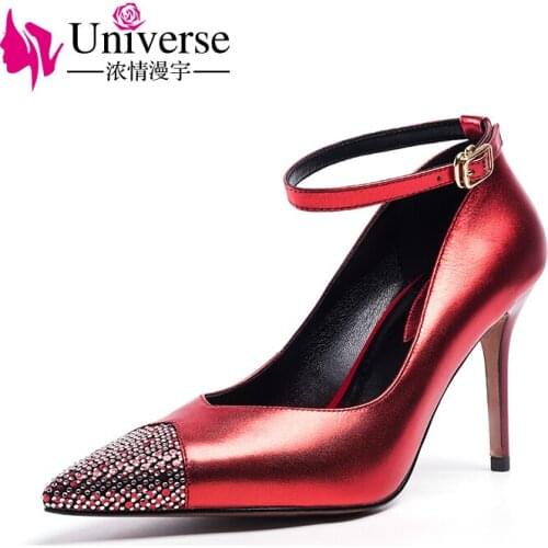 Universe Sexy Pumps Women With Straps Genuine Leather Women High Heels 2019 Pointed Toe Ladies Pumps Super High Heel 9cm J069