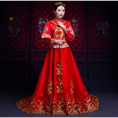 Fashion Red Women Phoenix Embroidery Cheongsam Long Qipao Chinese Traditional Wedding Dress Oriental Style Dresses