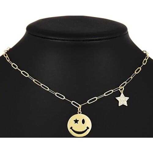 ZHINI Fashion Females Smiley Face Choker Necklaces Boho Gold Color Star Party Pendant Necklace Rhinestone Handmade Jewelry 2021