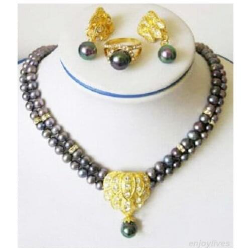 .221 2 Rows Genuine Black Pearl Crystal Pendant Earrings Necklace Ring jewelry set 5.6