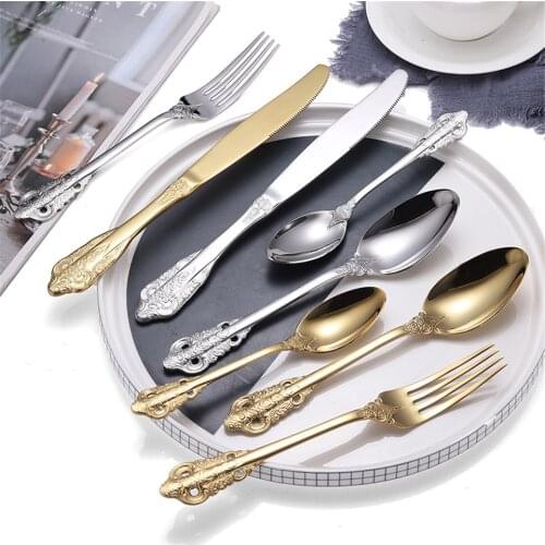 4pcs/Set 304 Stainless Steel Tableware Retro Embossed Western Cutlery Golden Steak Knife Fork Spoon Restaurant Tools Wholesale