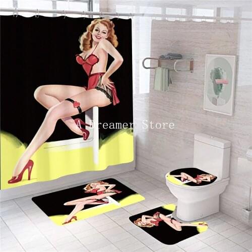 4pcs Retro Sexy Woman High Quality Shower Curtain Set Marilyn-Monroe Portrait Waterproof Polyester Fabric Curtain With hook