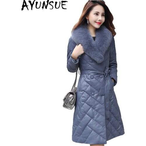 AYUNSUE Women Real Leather Coat Natural Fox Fur Collar Long Genuine Leather Down Jacket Winter Sheepskin Coats Plus Size G1749