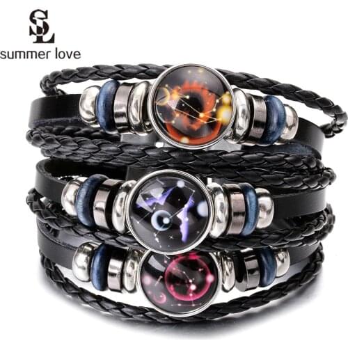 New Fashion Zodiac 12 Constellation Signs Bracelet Multilayer Leather Bracelets Women Men Snap Button Jewelry Birthday Gifts